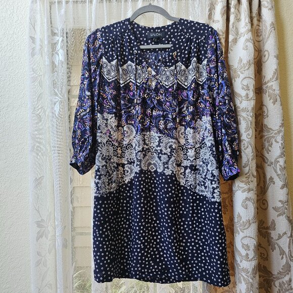 Saloni 100% Silk 3/4 Sleeves Lace Up Plunge Boho Tunic Mini Dress, US 4 - Picture 1 of 9
